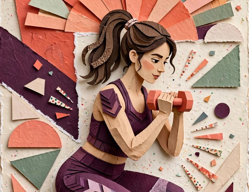 Cut-paper illustration of a woman strength training with a dumbbell